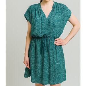 Ophelia Roe Womens Large Green White Print Dress Cap Sleeve Gathered Waist